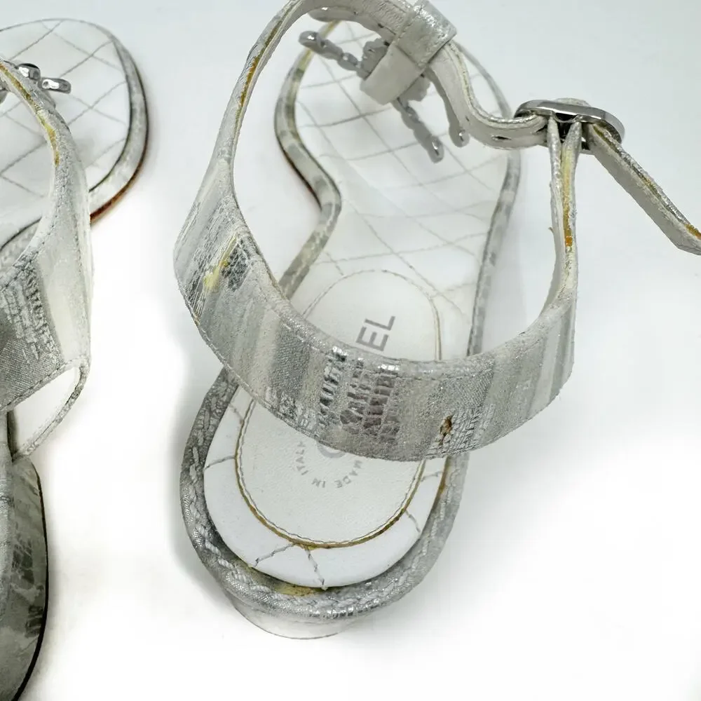 Chanel 20P Silver Laminated Quilted CC Thong Block Heel Sandals 37.5 Box